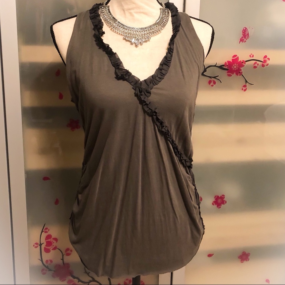 EDUN Grey V-neck Tank with Black Ruffle ~ M
